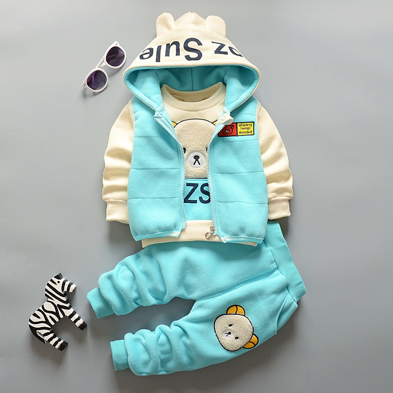 Kids Winter Clothing Set – 3-Piece Warm Fleece Outfit with Hoodie, Vest & Pants (Cartoon Bear Design)